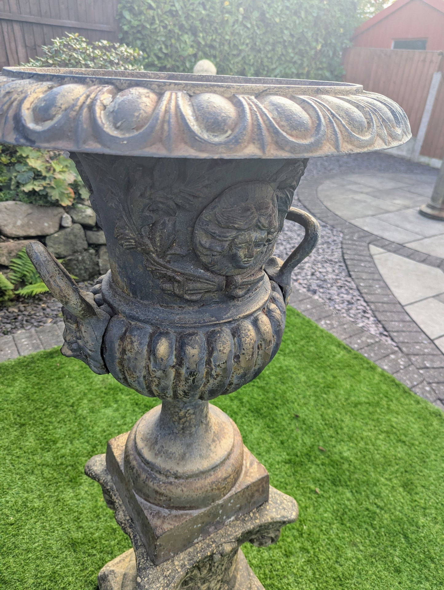 Pair huge 19th Century cast iron Campana Urns Lion handles - UK Delivery Available