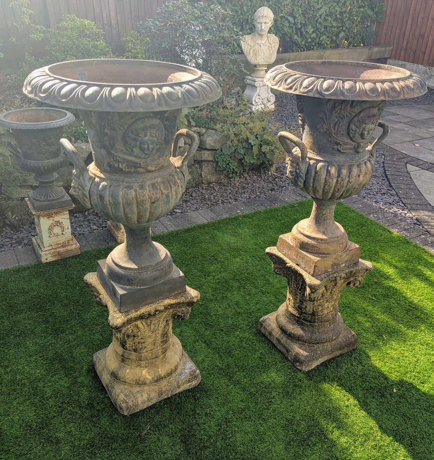 Pair huge 19th Century cast iron Campana Urns Lion handles - UK Delivery Available
