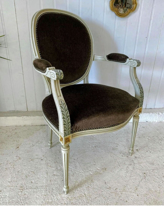 Antique French Balloon Back Carved Bergere Chair