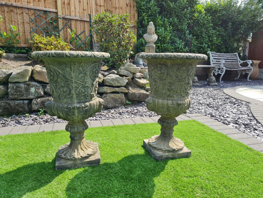 Pair of Georgian Style English Stone Garden Urns/Planters - Free UK Delivery