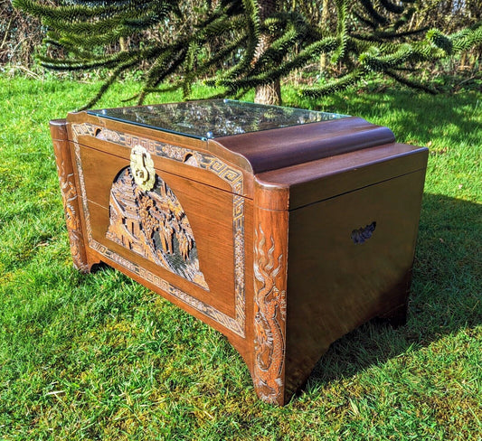 Excellent Vintage Chinese Carved Camphor Wood Blanket Box - Free UK Delivery