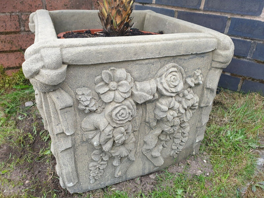 English Stone Rose Detail Garden Urn