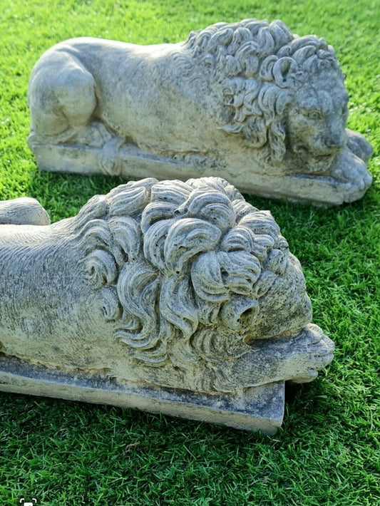 Pair Of Canova Lion English Stone Garden Ornaments - Free UK Delivery