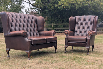 Vintage Chesterfield wingback suite - brown leather sofa and chair - Delivery available 0371