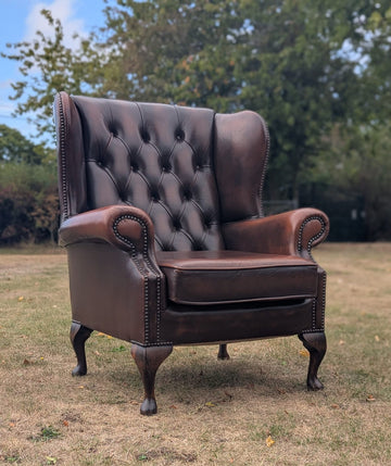 Vintage brown leather chesterfield wingback armchair - Delivery available 0369