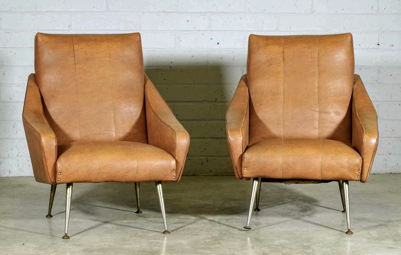 Vintage 1960s Italian Armchairs Tapering Brass Supports - Free UK Delivery