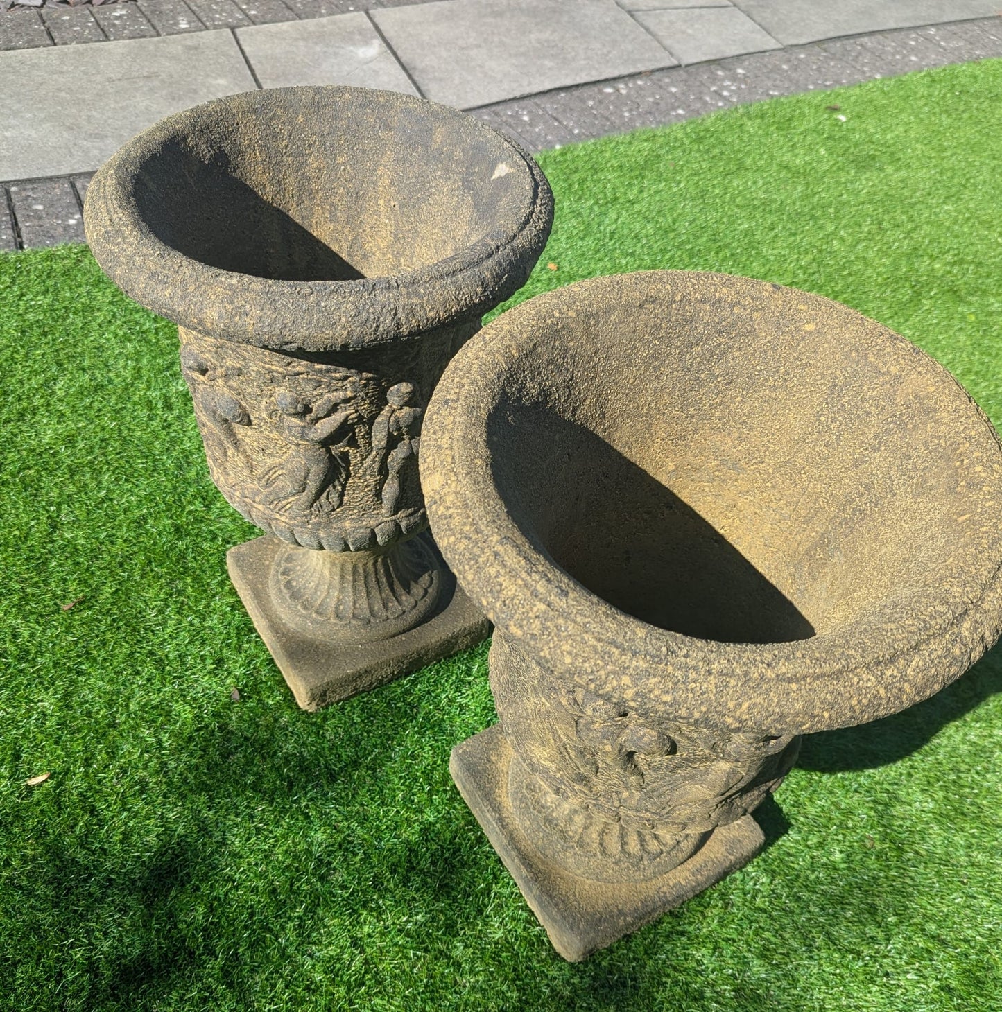 Pair 19th C Italian Style Stone Urns Classical Figure Decor - Delivery Available