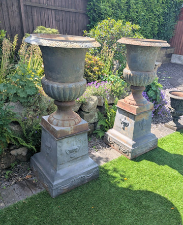 Large 19th Century style cast iron Campana Urns with bases - Delivery Available 0338