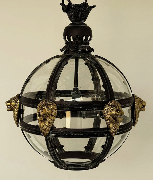 Bronze Verdigris & Brass Lions Glass Globe Lantern - Delivery Available In UK