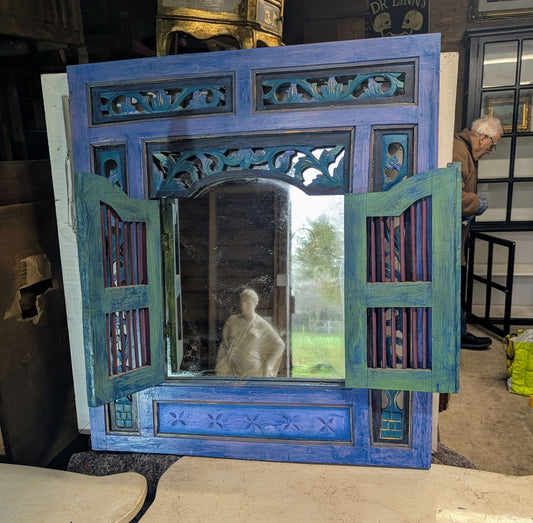 Balinese style distressed blue & teal painted mirror