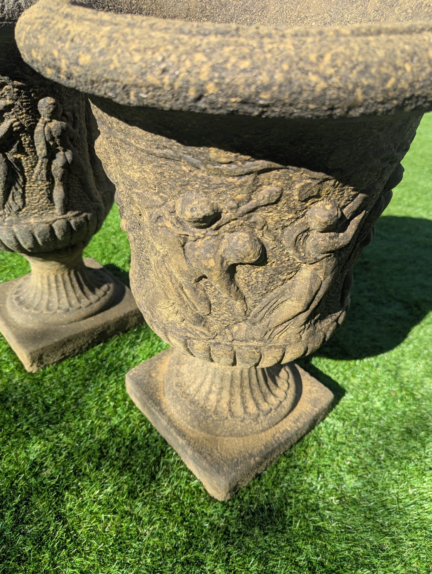 Pair 19th C Italian Style Stone Urns Classical Figure Decor - Delivery Available