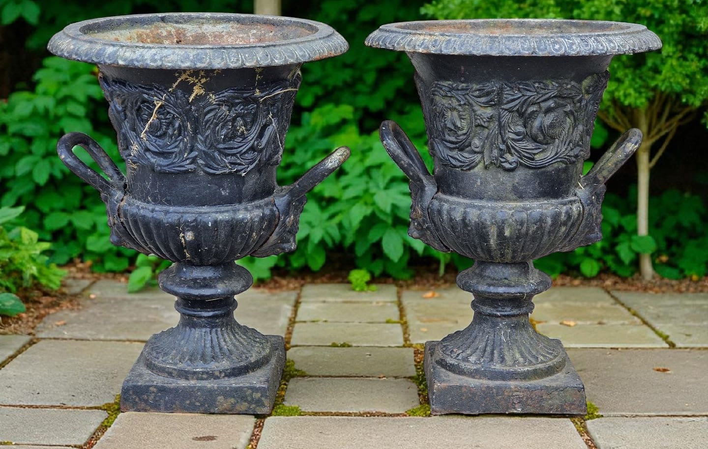 Pair Antique 19th Century cast iron Urns Lion mask handles - UK Delivery Available