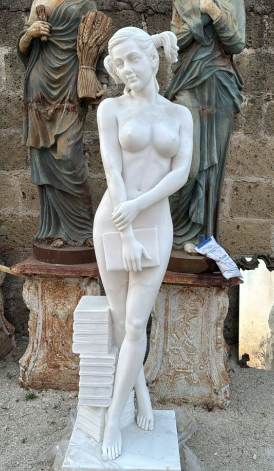 Beautiful white marble library girl statue - delivery available