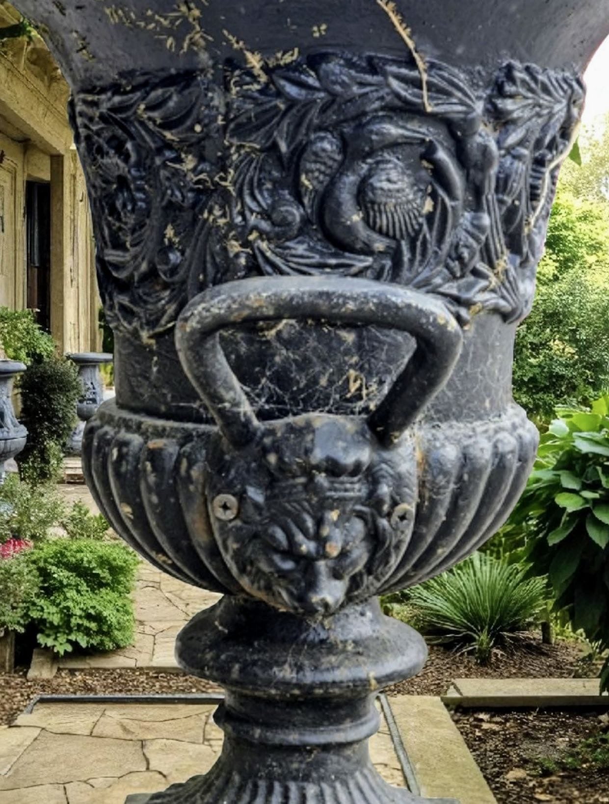 Pair Antique 19th Century cast iron Urns Lion mask handles - UK Delivery Available