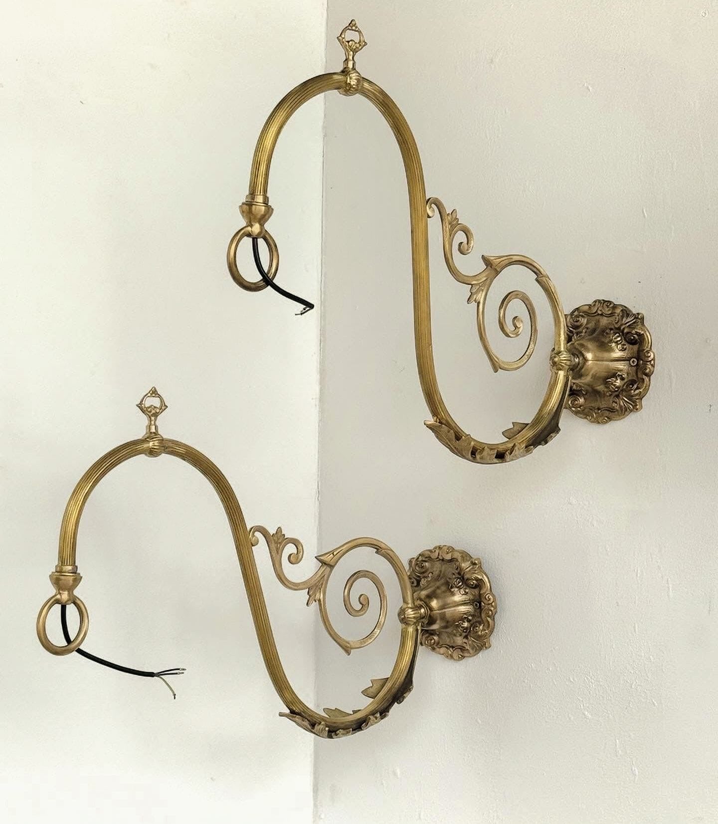 Pair of Vintage Solid Brass Light Brackets with Wire - Delivery Available In UK