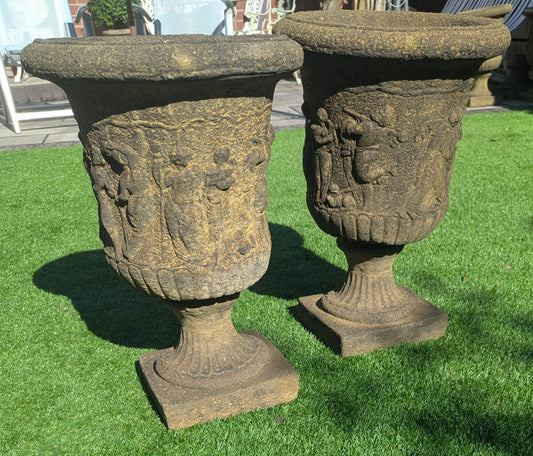 Pair 19th C Italian Style Stone Urns Classical Figure Decor - Delivery Available