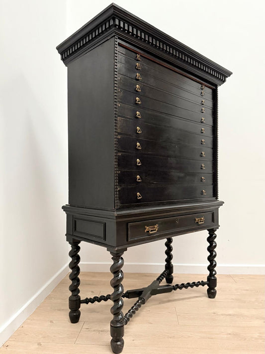 Ebonised 19c jewellery, specimen chest on spiral turned legs - Delivery Available