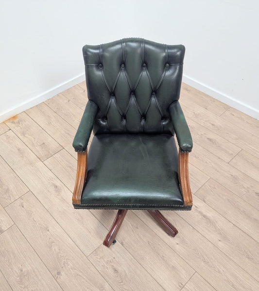 Vintage Gainsborough Dark Green Leather swivel chair - Delivery Available 0308