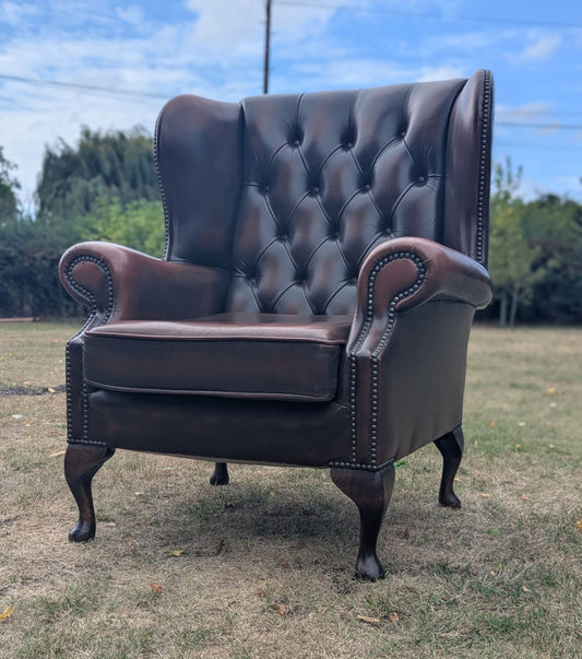 Vintage brown leather chesterfield wingback armchair - Delivery available 0369