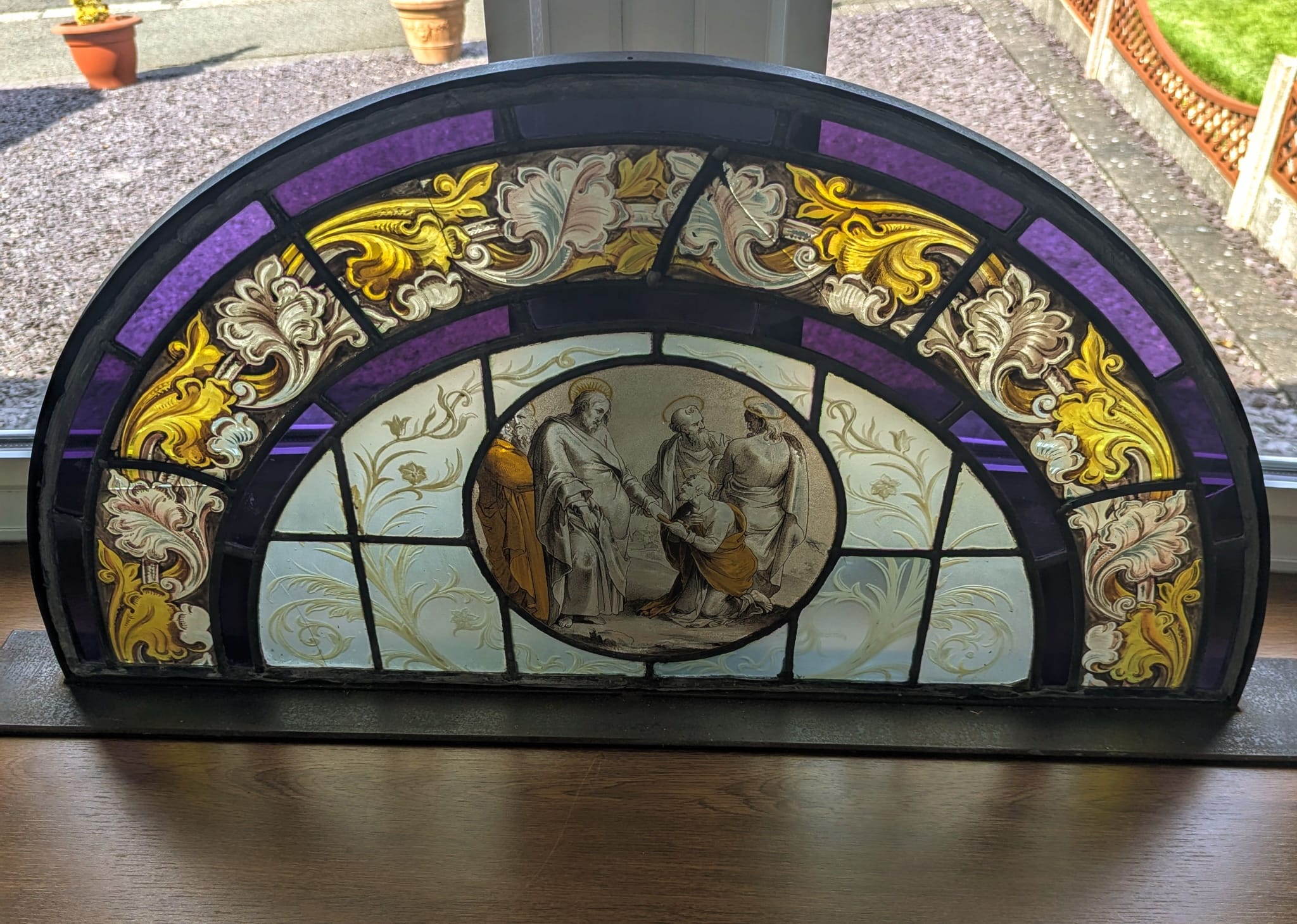 Hand painted 19th century religious Stained Glass with Steel Stand - Delivery Available