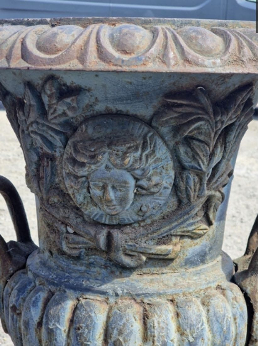 Pair huge 19th Century cast iron Campana Urns Lion handles - UK Delivery Available