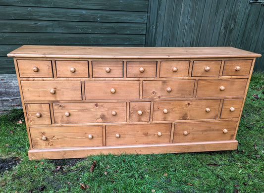 Vintage pine bank of 19 drawers haberdashery