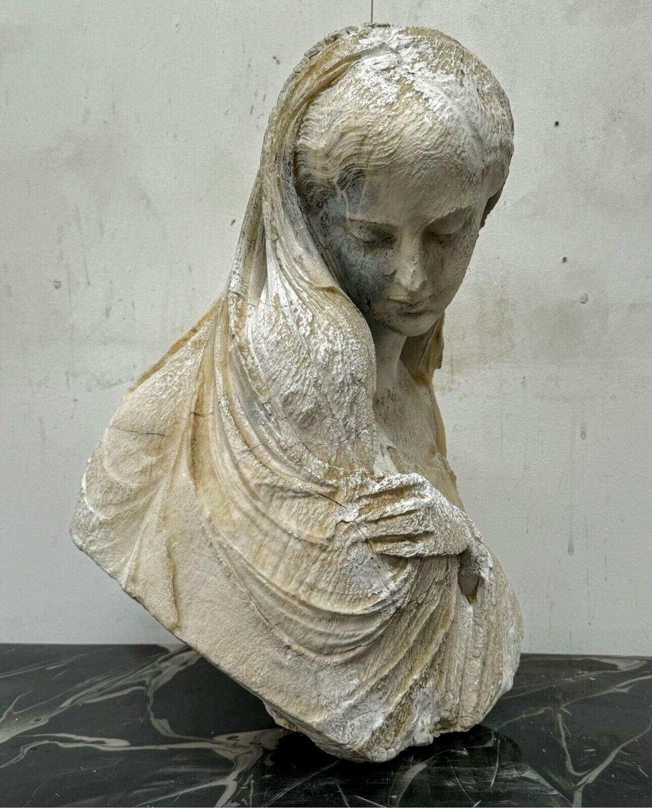 Beautiful weathered Carved Marble Madonna & Child Bust - Delivery Available