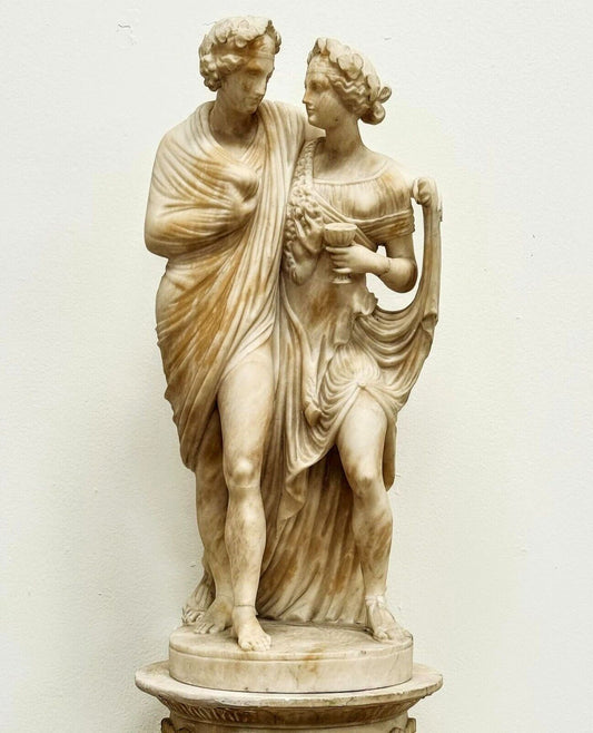 Rare Carved Alabaster Statue Bacchus & Ariadne with Plinth