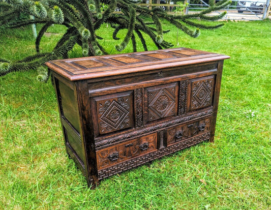 Superb 18th Century decorative Carved Mule Coffer, Chest - Delivery Available