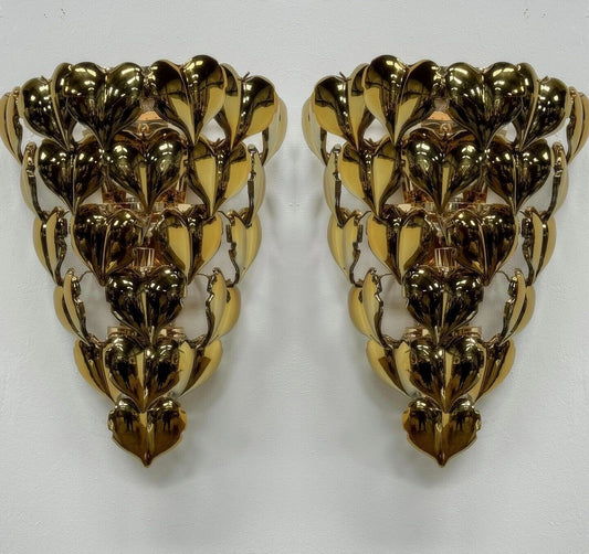 Swanky Italian Pair Heart Shape Murano Gold Glass Wall Lights By Rocco Borghese.