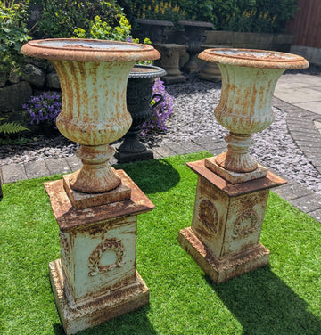 Pair of Vintage Cast-iron 20th Century small sized Campana Urns - Delivery Available 0345