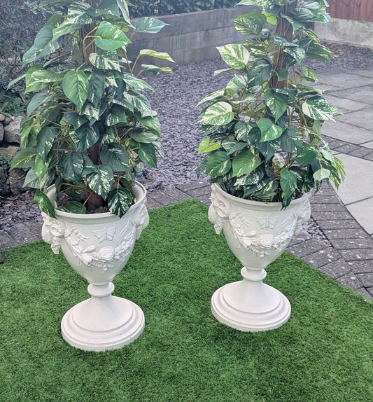 Pair of Vintage decorative cast iron white coated Urns - Delivery Available 0382