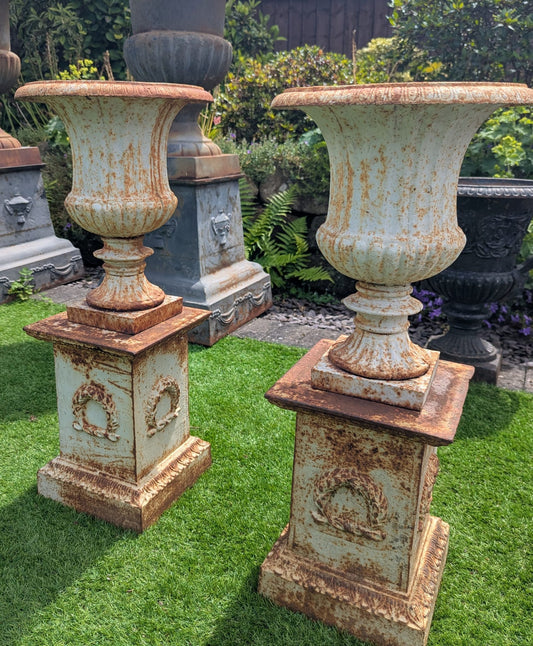 Pair of Vintage Cast-iron 20th Century small sized Campana Urns - Delivery Available 0345