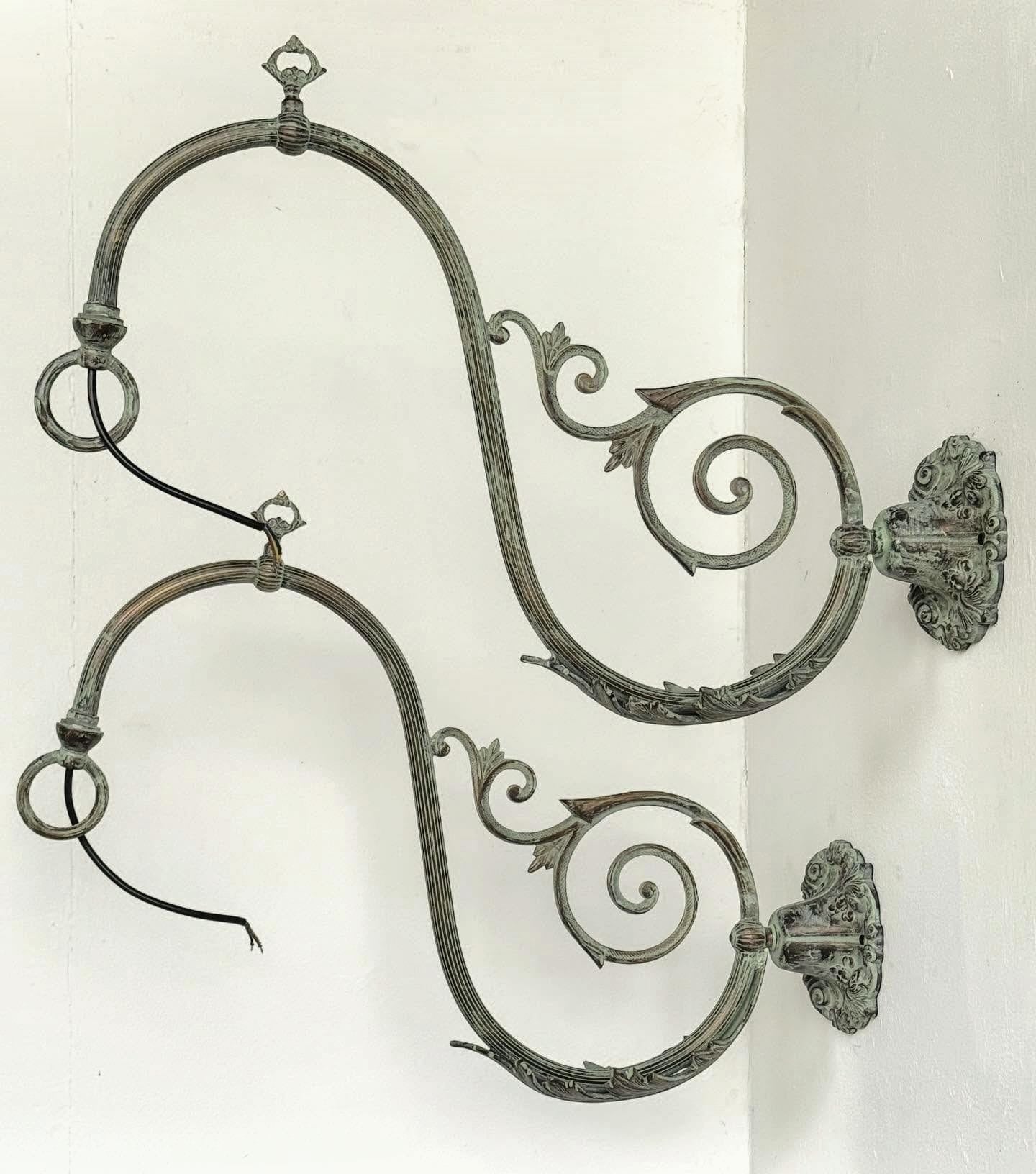 Pair Vintage ornate bronze Verdigris Light Brackets with Wire - Delivery Available