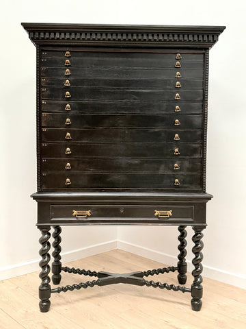 Ebonised 19c jewellery, specimen chest on spiral turned legs - Delivery Available