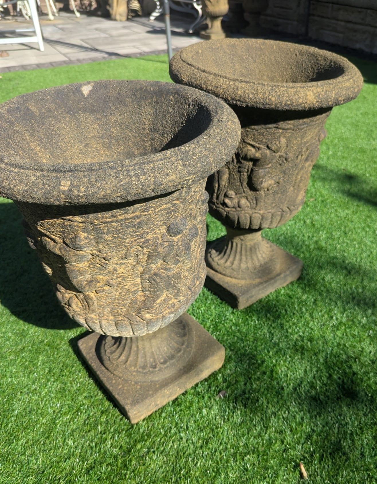 Pair 19th C Italian Style Stone Urns Classical Figure Decor - Delivery Available