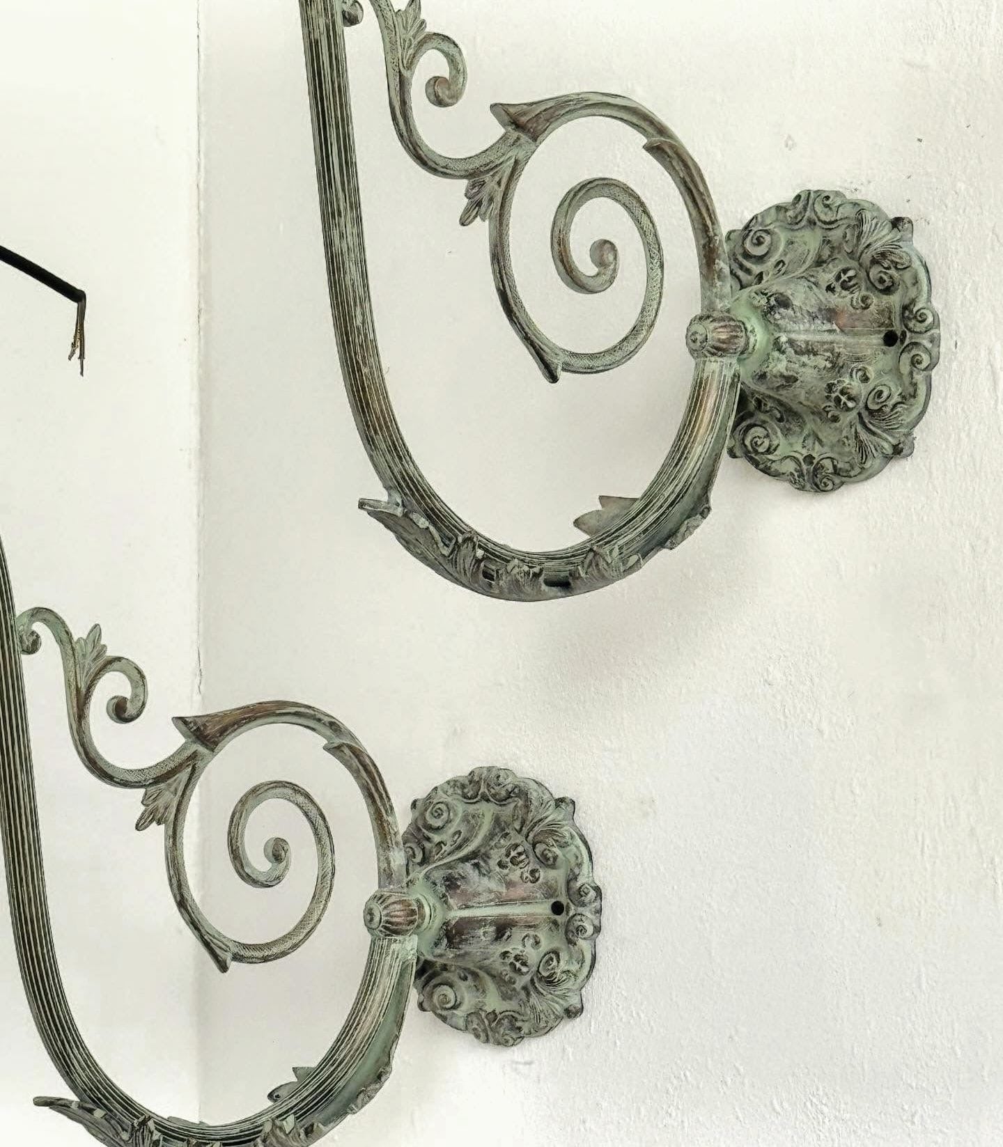 Pair Vintage ornate bronze Verdigris Light Brackets with Wire - Delivery Available