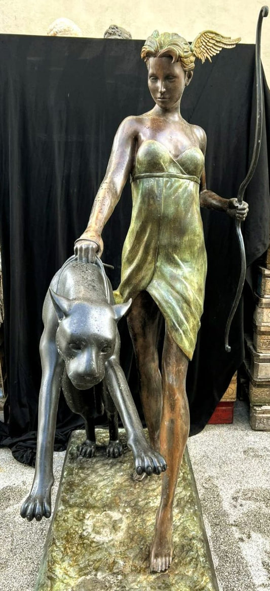Large bronze Goddess of the hunt with bow and panther - delivery available