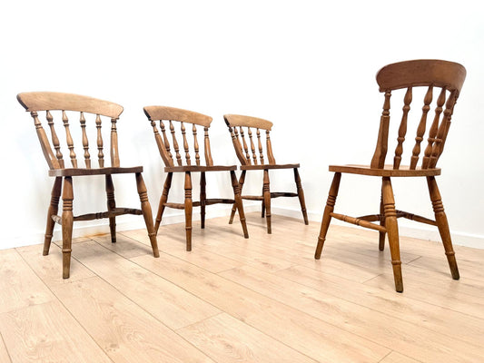Set of 4 Antique Pine wood farmhouse spindle back chairs - Delivery Available 0333