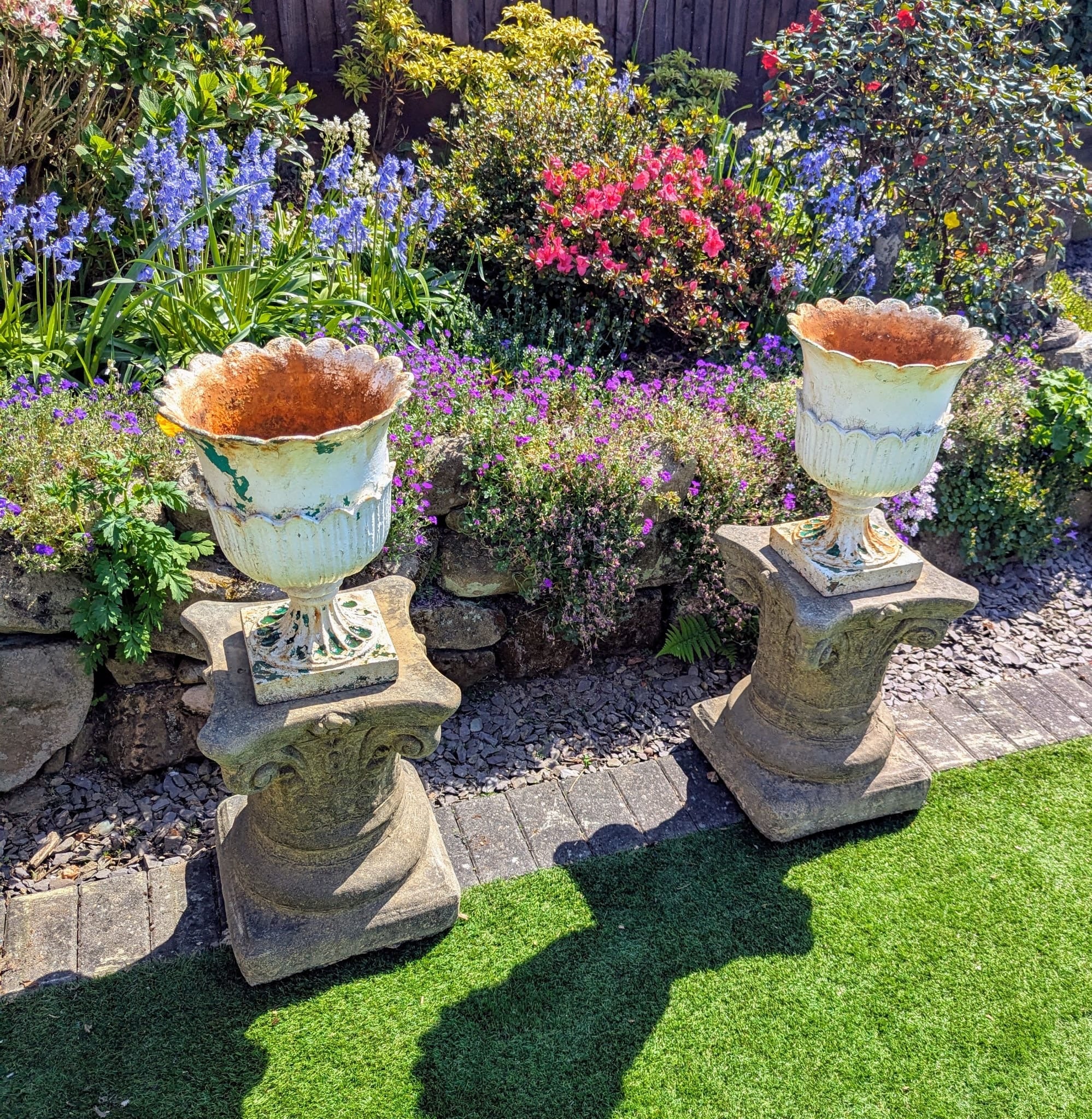 Beautiful Pair Victorian White Lotus Urns Cast Iron Circa 1840 (Andrew Handyside of Derby design) - Delivery Available