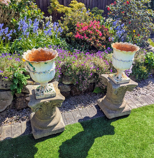 Beautiful Pair Victorian White Lotus Urns Cast Iron Circa 1840 - Delivery Available