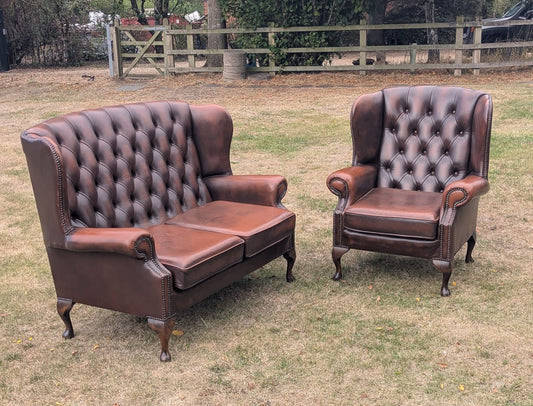 Vintage Chesterfield wingback suite - brown leather sofa and chair - Delivery available 0371