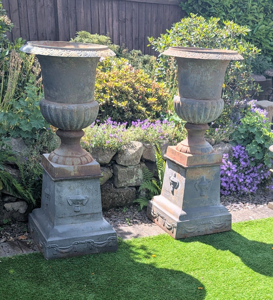 Large 19th Century style cast iron Campana Urns with bases - Delivery Available 0338