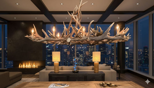 Vintage Oval Rustic Antler Chandelier 8 Lamps - Delivery Available