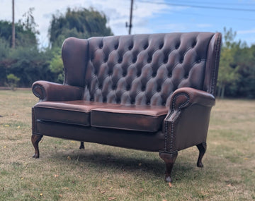 Vintage brown leather chesterfield wingback sofa - Delivery available 0370