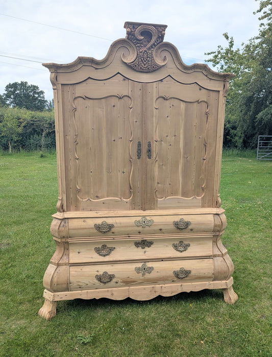 Extra Large 19th Century stripped pine Dutch Linen press on bombe base Delivery Available - 0341