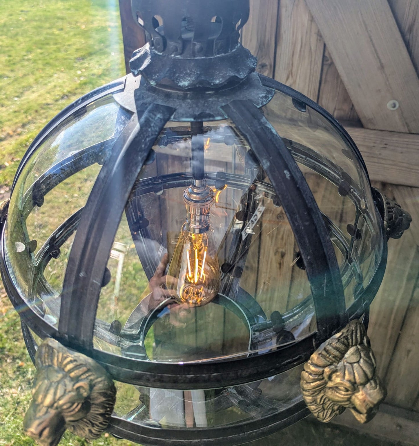 Bronze Verdigris & Brass Lions Glass Globe Lantern - Delivery Available In UK