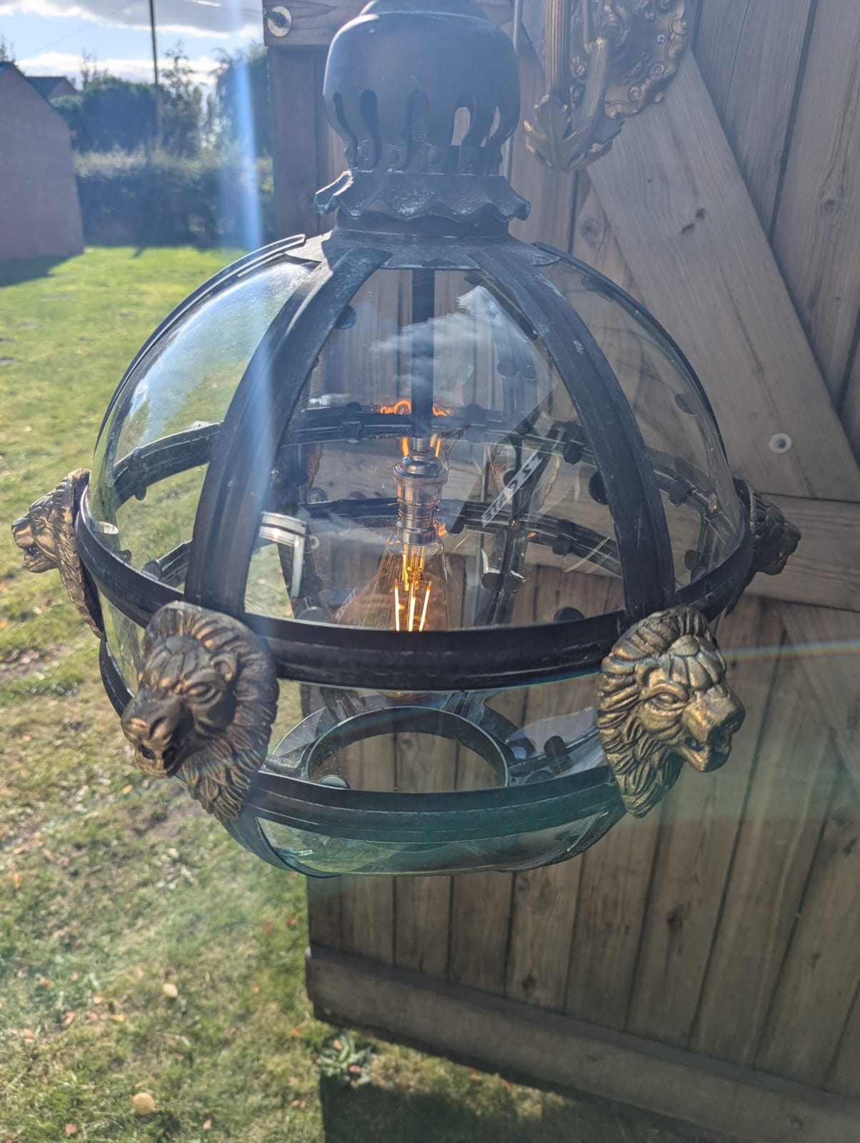 Bronze Verdigris & Brass Lions Glass Globe Lantern - Delivery Available In UK