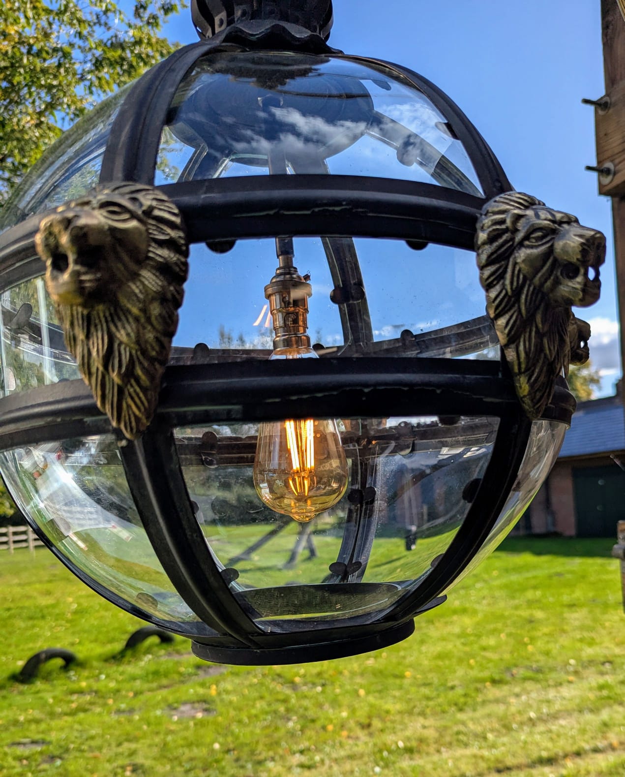Bronze Verdigris & Brass Lions Glass Globe Lantern - Delivery Available In UK