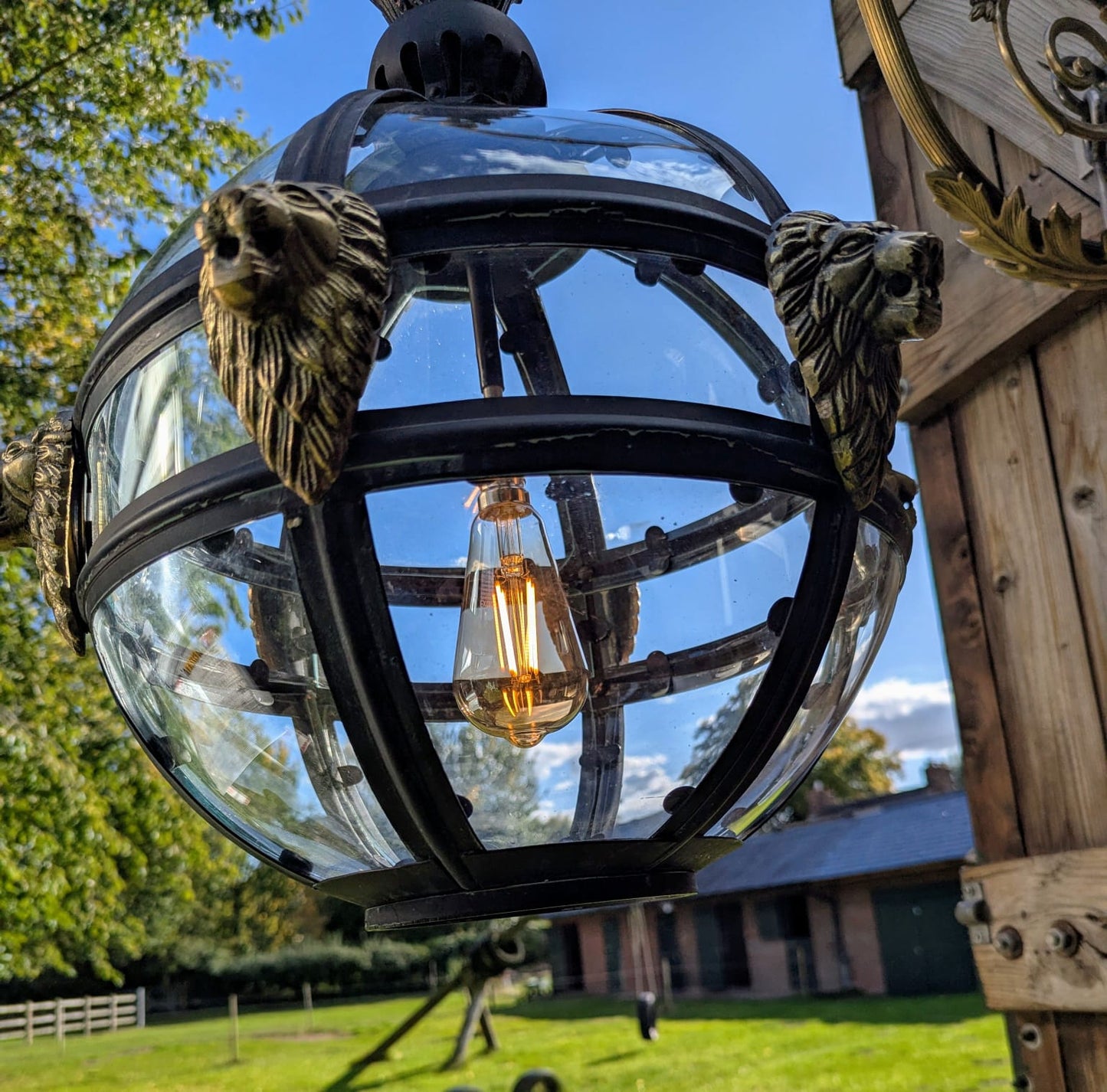 Bronze Verdigris & Brass Lions Glass Globe Lantern - Delivery Available In UK